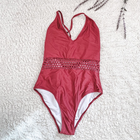 Cupshe red maroon v-neck one piece swimsuit with see through mid section - Picture 1 of 4